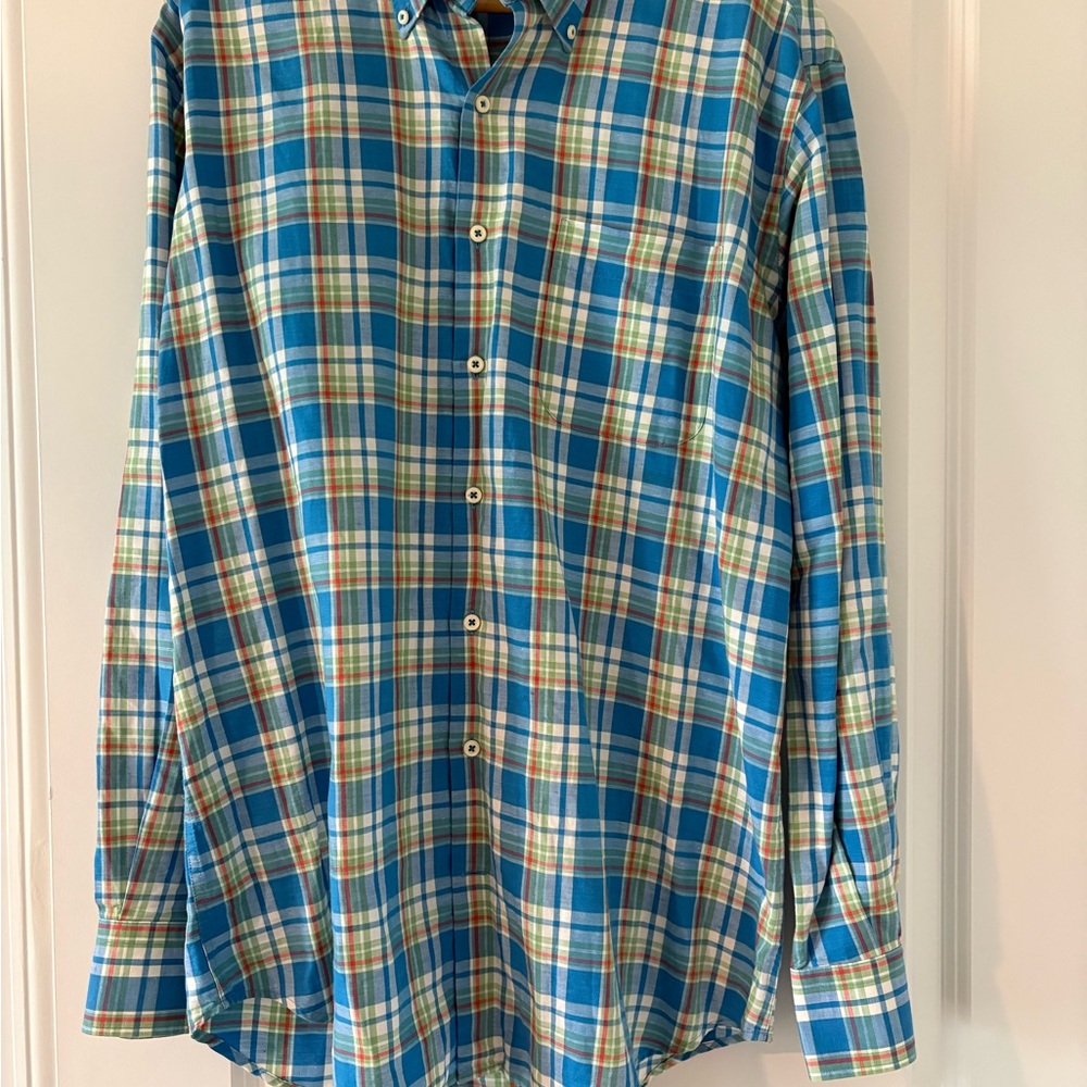 Peter Millar Spring Blue Plaid Men's Shirt Pima Cotton Dress shirt Large